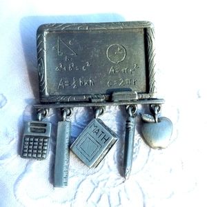Vintage Signed JJ Jonette Math Teacher Chalkboard Charms pewter Brooch Pin